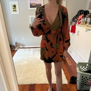 Impeccable Pig Floral Wrap Dress in Black,Green and Rust